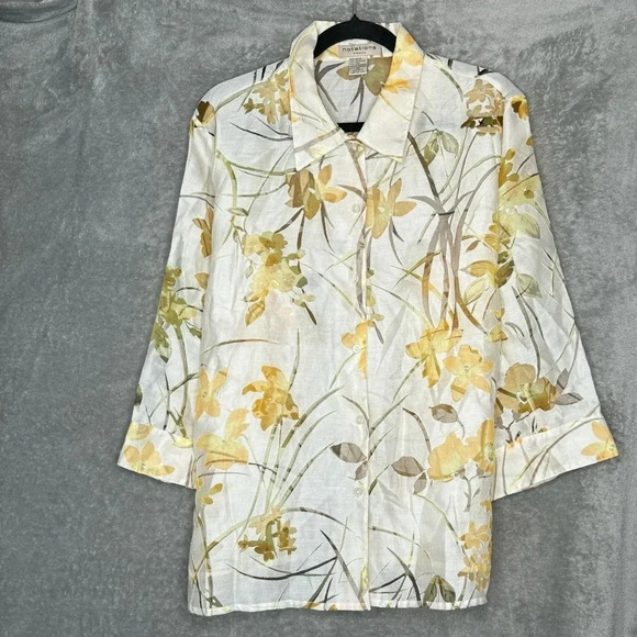 Notations Tops - Notations 3X Shirt Top White Floral Flower Button Up 3/4 Sleeve V Neck Sheer